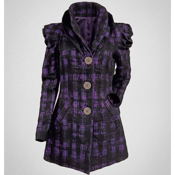 Samuel Dong Womens Purple & Black Plaid Puff Sleeve Coat Size S - Picture 2 of 16